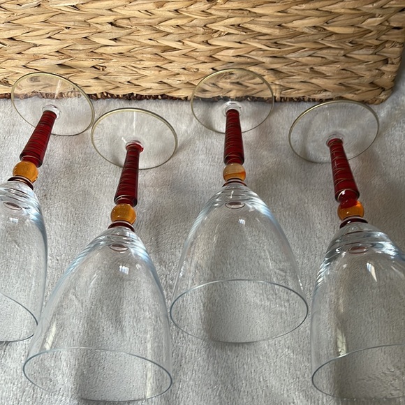 Pier 1 Imports Orbit Spice 16 Oz Red Gold Trim Stemware Glasses 4 HandPainted - Picture 8 of 10